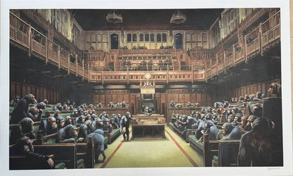 Painting of a formal assembly or court room with monkeys seated and standing.