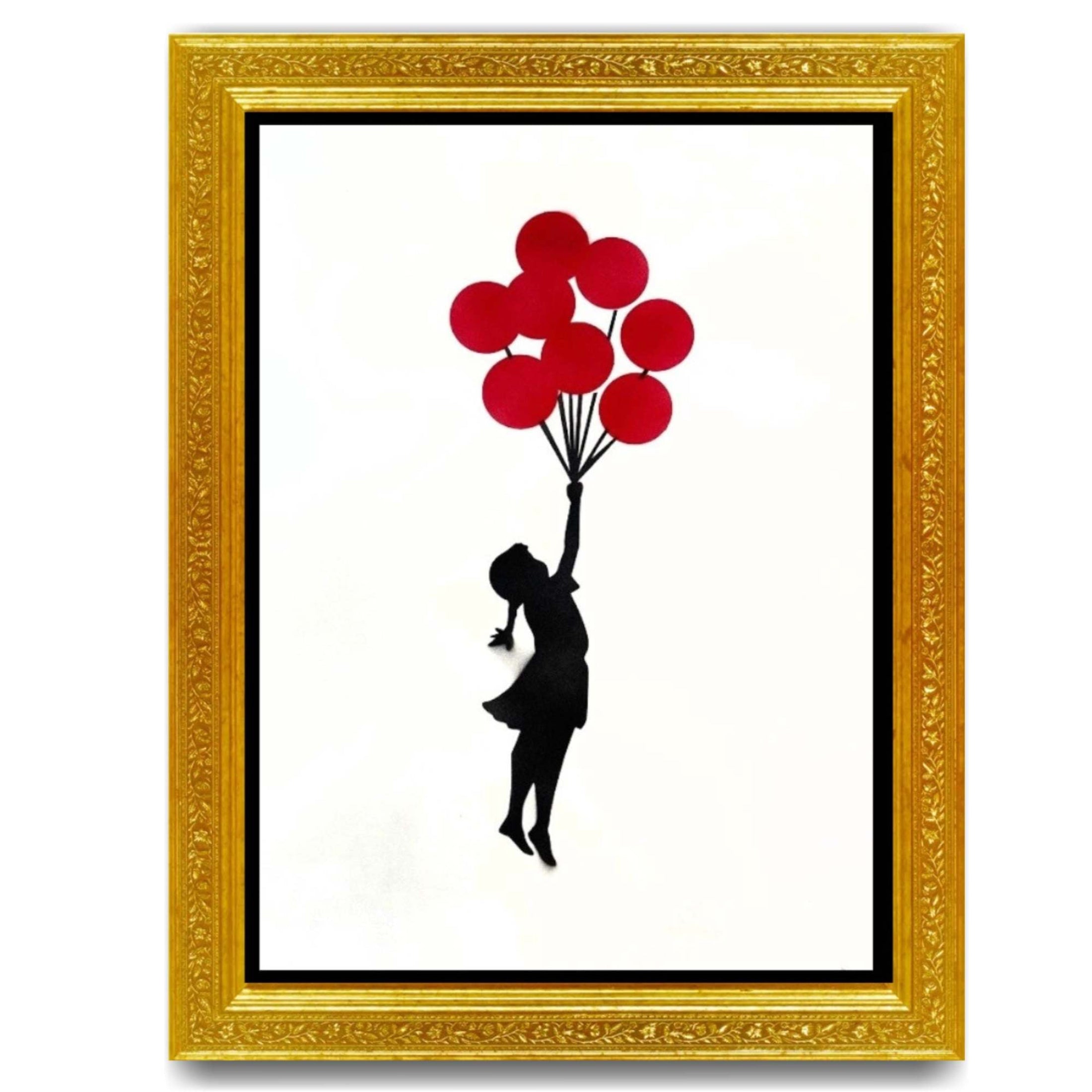 Framed artwork of a silhouette holding red balloons against a white background