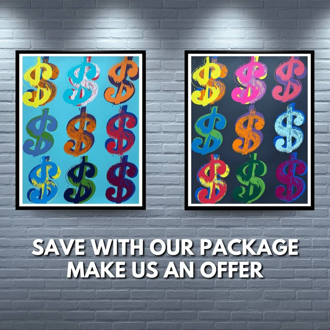 Two framed artworks with colorful dollar signs on a brick wall background, accompanied by promotional text.