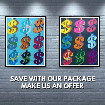Two framed artworks with colorful dollar signs on a brick wall background, accompanied by promotional text.