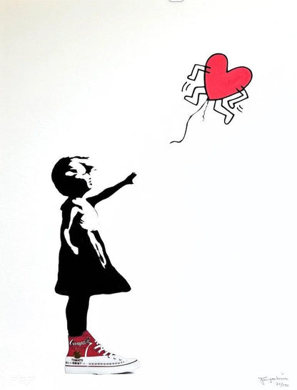 Artistic depiction of a child reaching for a heart-shaped balloon on a white background