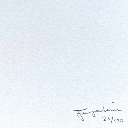 Light blue textured paper with Fenzolini Signature and '21/150' printed on it