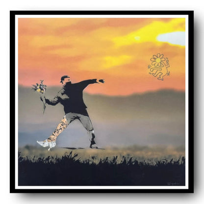 Artistic depiction of a person holding flowers against a sunset sky with a stylized figure and flower icon.