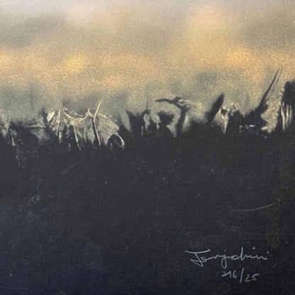 Artistic depiction of a landscape with trees and a signature in the corner