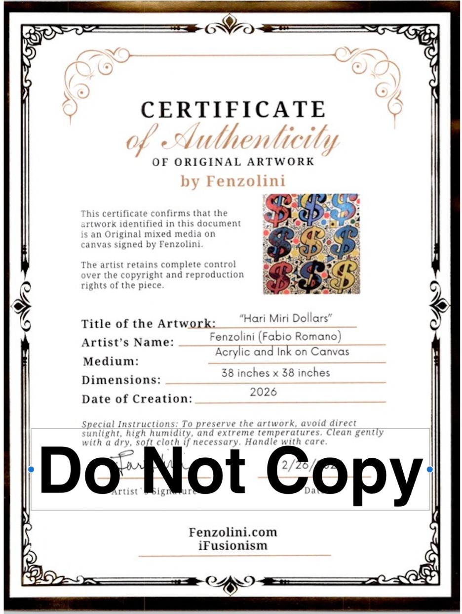 Certificate of Authenticity for original artwork with decorative border and text.