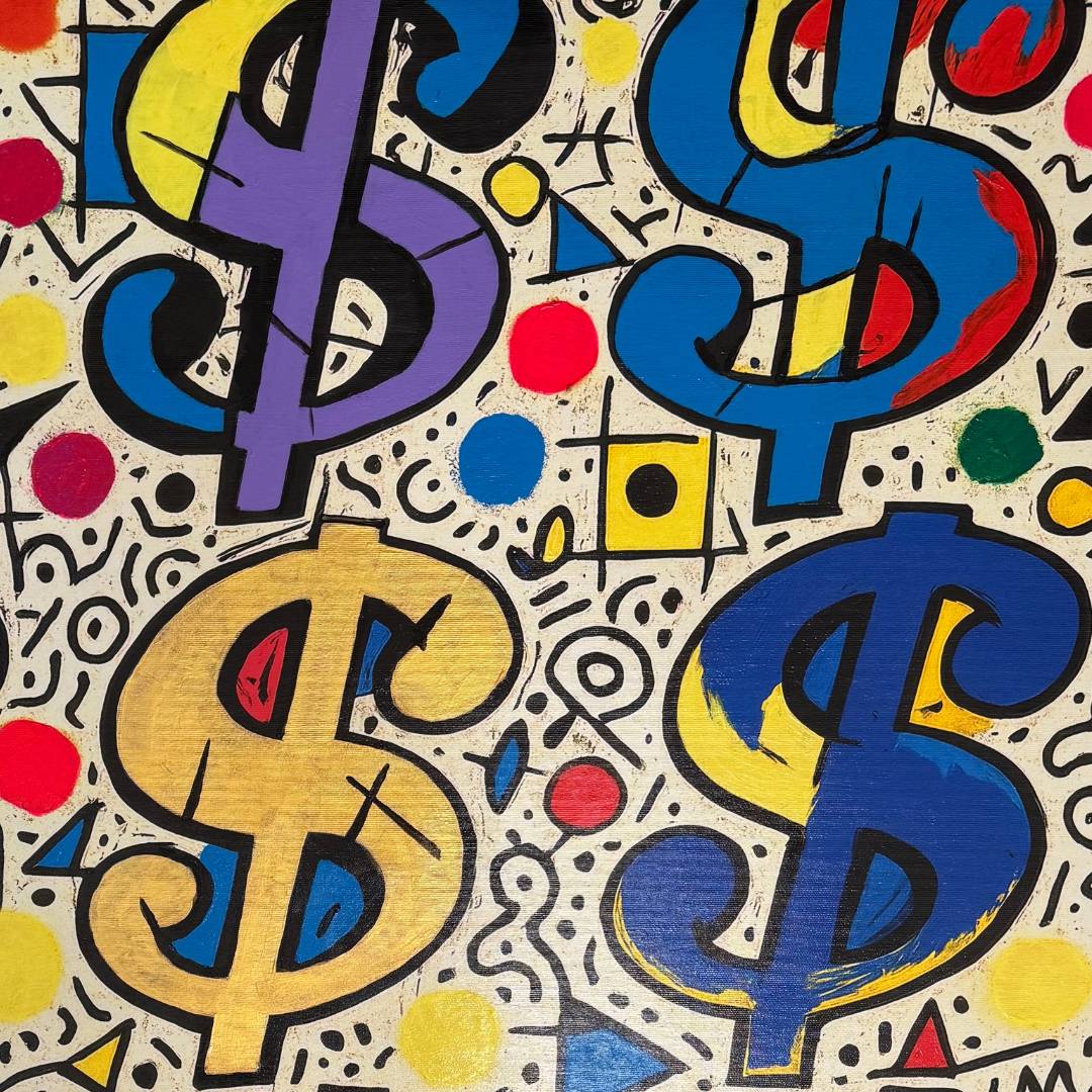 Colorful dollar sign pattern on a textured background
