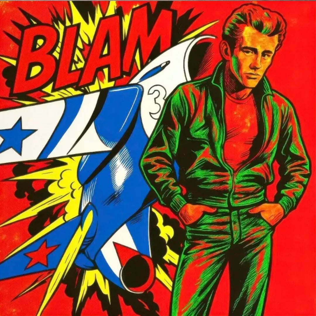 Comic book-style illustration with a character "Dean Martin", in a green suit and 'BLAM' text on a red background with a comic book jet behind, and comic book ezplosion effect.
