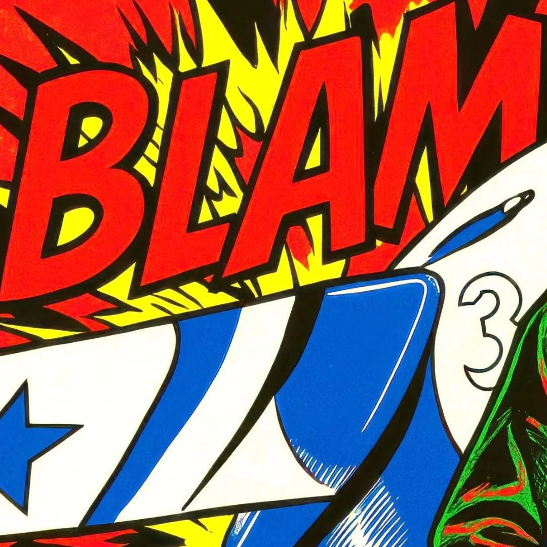 Comic-style 'BLAM!' graphic with colorful text, part of a comic book explosion, and a comic book-style fighter jet. shapes
