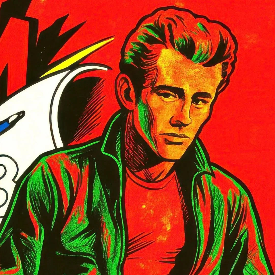 Colorful illustration of a man "Dean Martin" with a red background.