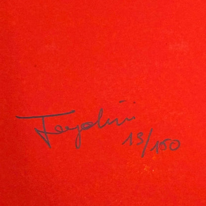 Signature on a red background with '13/150' indicating a limited edition.