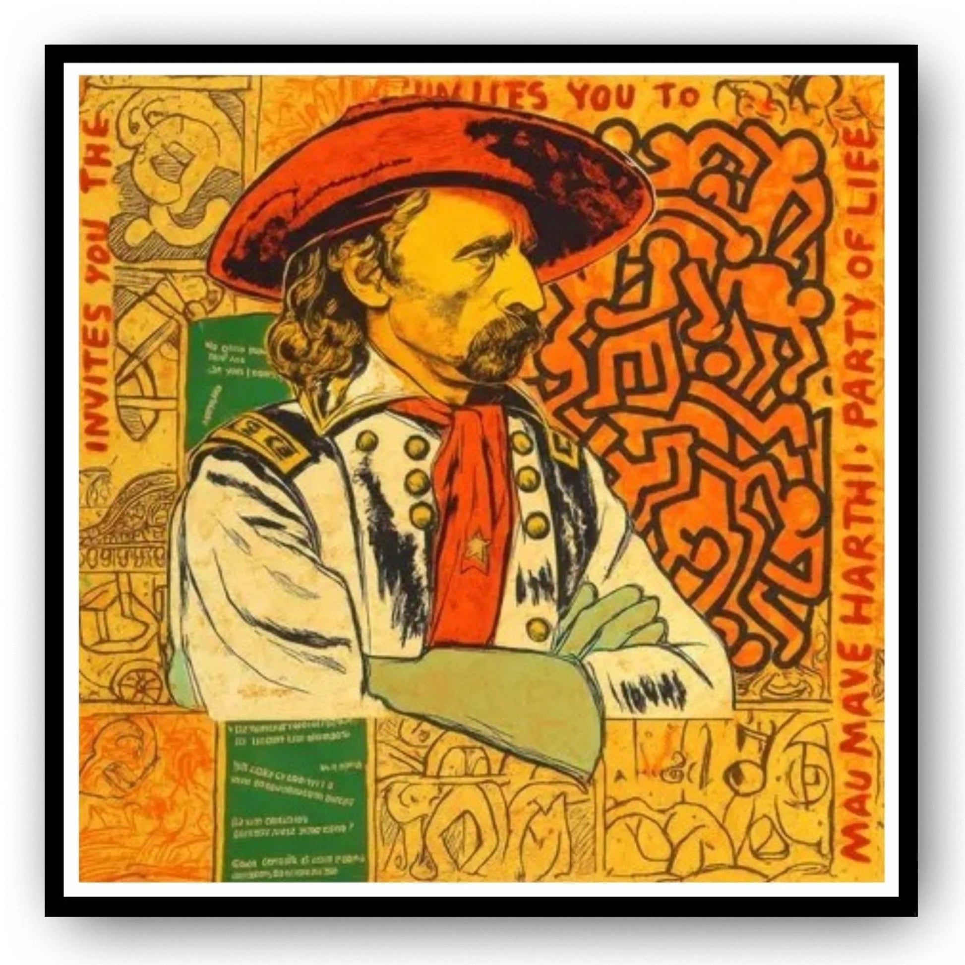 Vintage-style poster with a cowboy man in a red hat and coat, surrounded by intricate patterns and text, in the Keith Haring Style.
