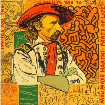 Vintage-style illustration of a cowboy man in a red hat and coat with decorative patterns, in the Keith Haring style and text.