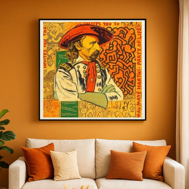 Framed artwork of a cowboy character with a red hat on an orange background with Keith Haring styled geometric sketches, on a wall above a white sofa with orange and beige pillows and an orange-toned wall, near the window with natural light.