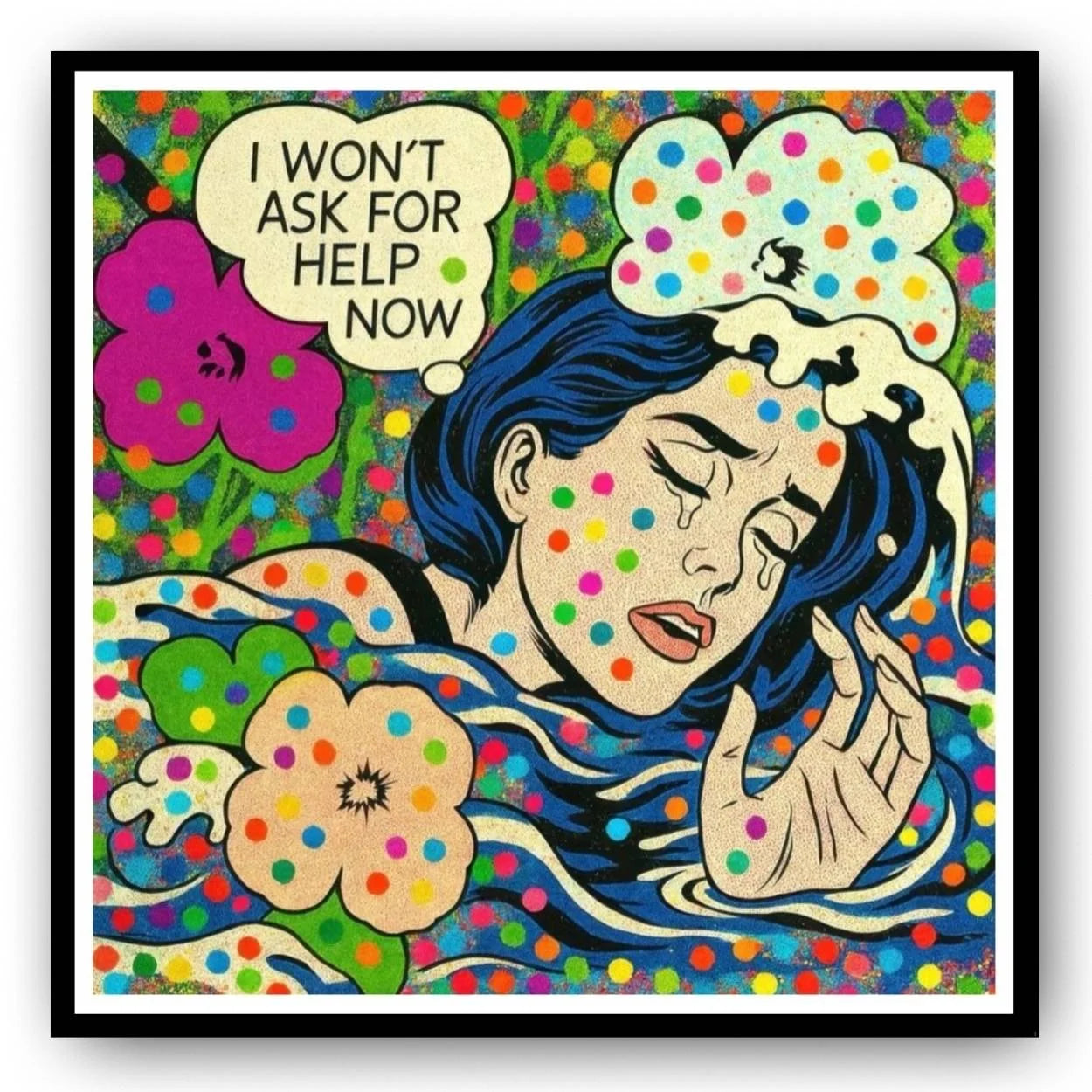 Colorful artwork of a woman with blue hair and polka dot pattern, surrounded by flowers and text.