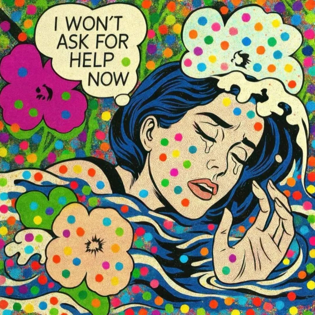 Colorful artwork of a woman with flowers and text on a polka dot background with a text box saying "I won't Ask For Help Now."