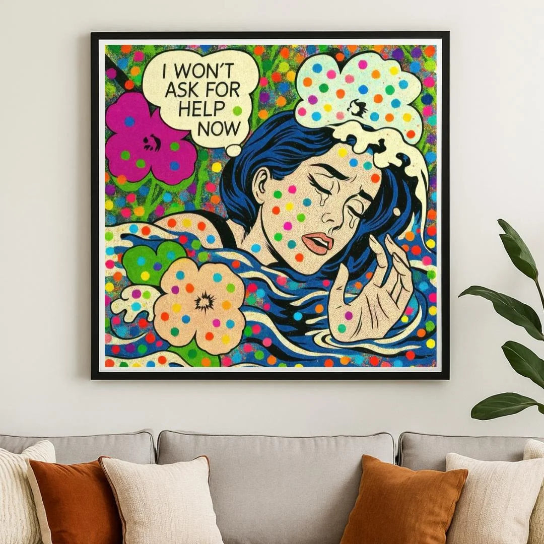 Colorful artwork of a woman with polka dots and flowers on a wall above a sofa.
