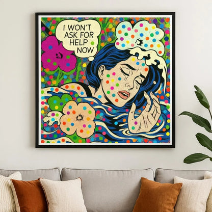 Colorful artwork of a woman with polka dots and flowers on a wall above a sofa.