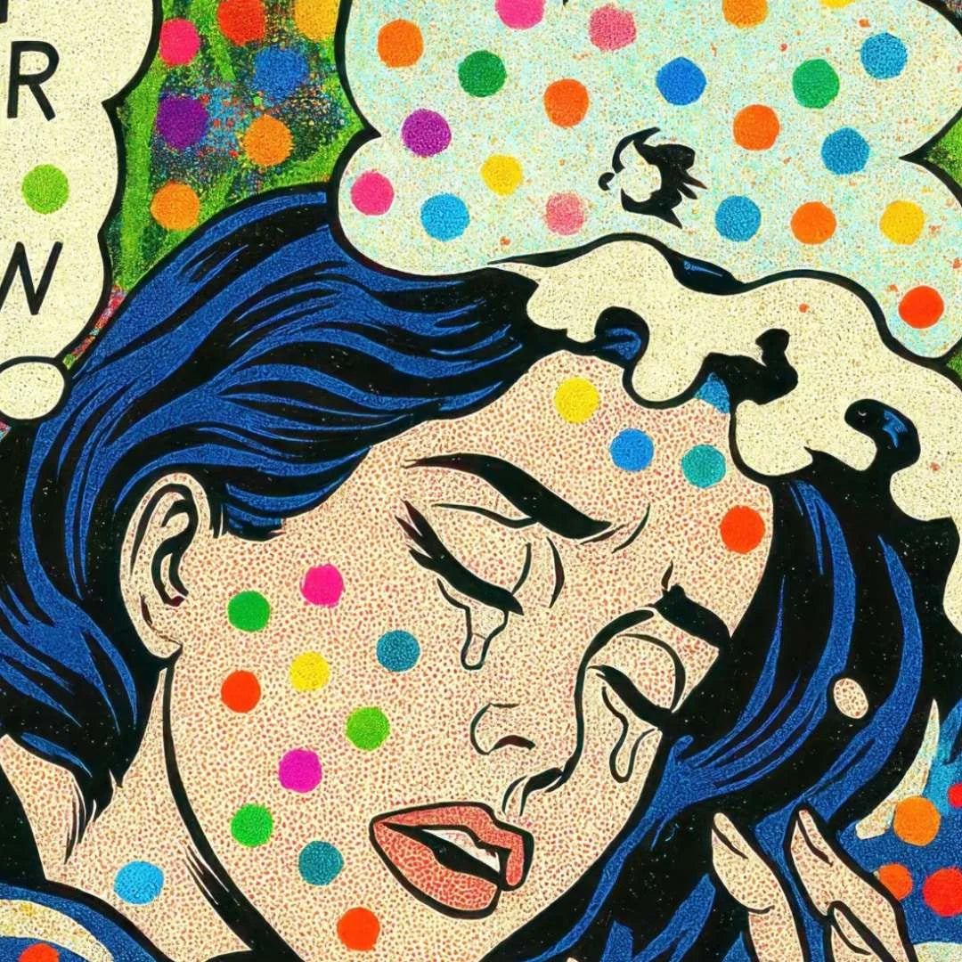 Artistic illustration of a woman with blue hair and colorful polka dots in the background.