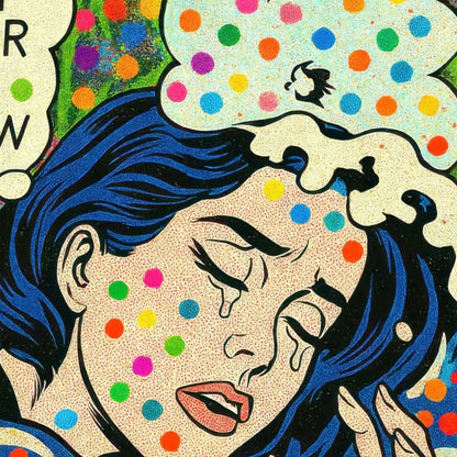 Artistic illustration of a woman with blue hair and colorful polka dots in the background.