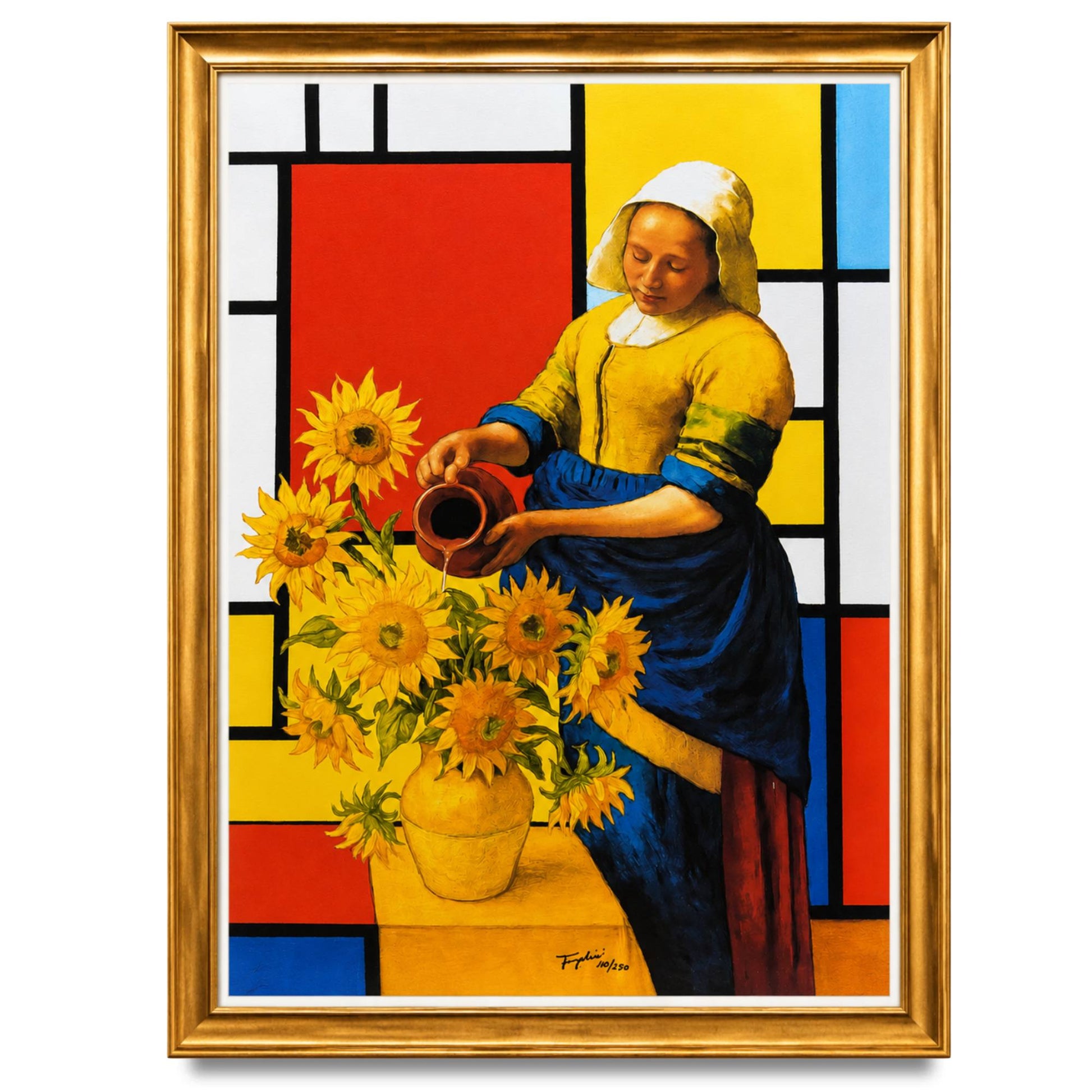 Framed artwork of a woman with sunflowers in a Mondrian-style abstract background