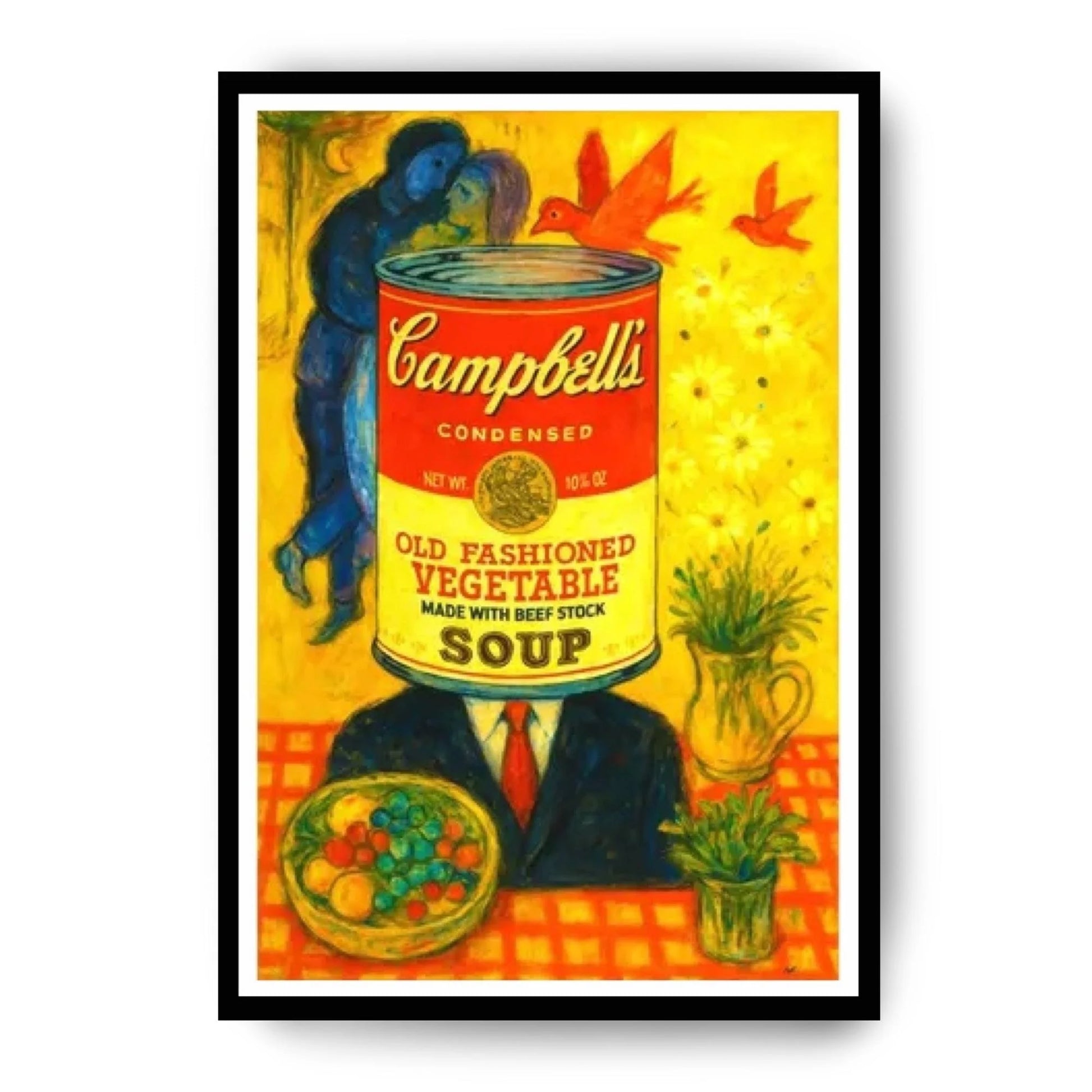 Framed artwork of a Campbell's Soup can with a person holding a basket of vegetables on a yellow background fusing Warhol and Chagal styles.