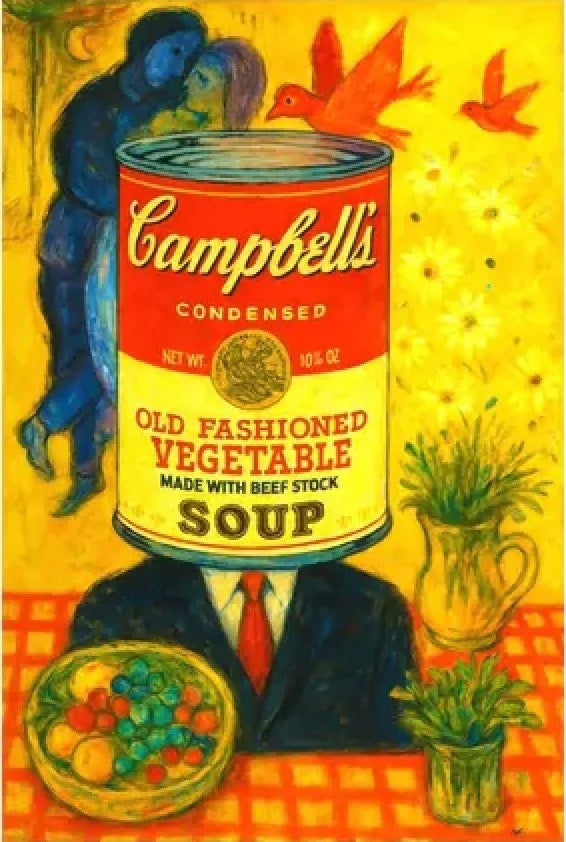 Campbell's Soup can with artistic interpretation of a person holding a bowl of vegetables on a checkered tablecloth, and an expressionist-style couple dancing behind, on a wall above a sofa..