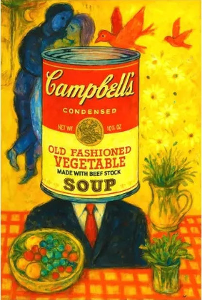 Campbell's Soup can with artistic interpretation of a person holding a bowl of vegetables on a checkered tablecloth, and an expressionist-style couple dancing behind, on a wall above a sofa..