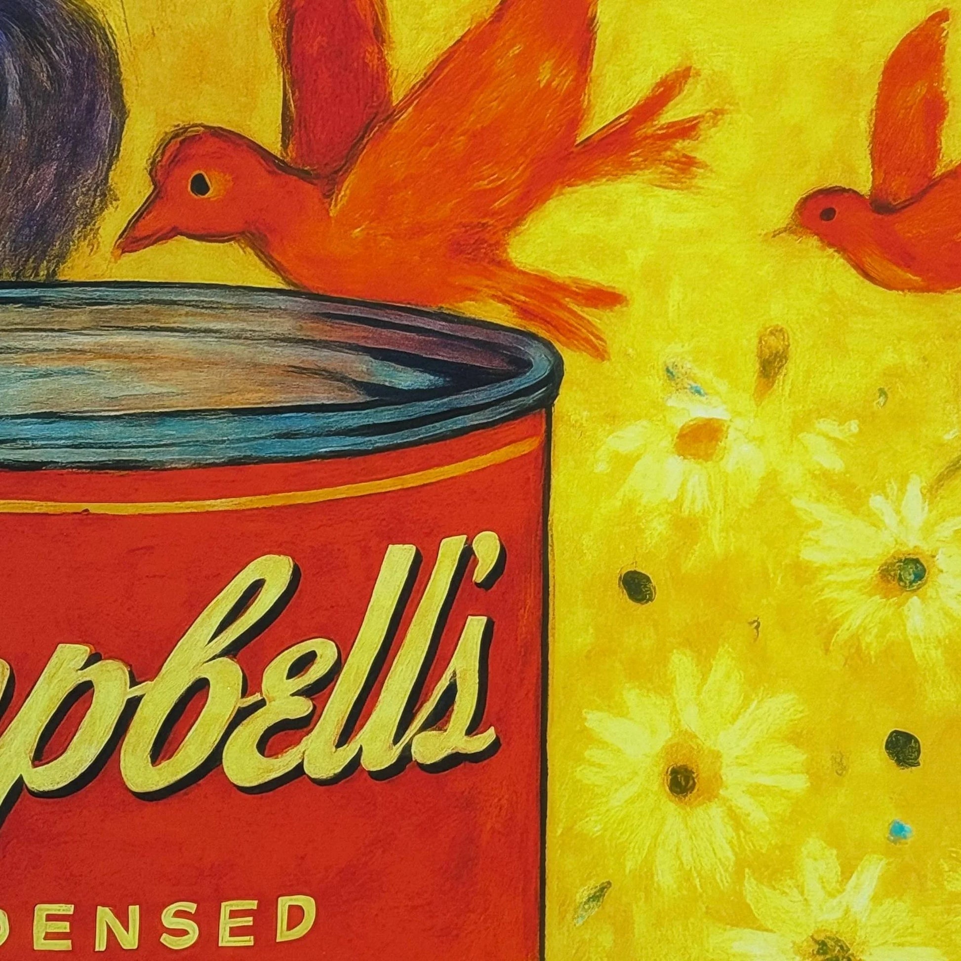 Campbell's soup can with red and yellow colors, birds, and flowers on a yellow background