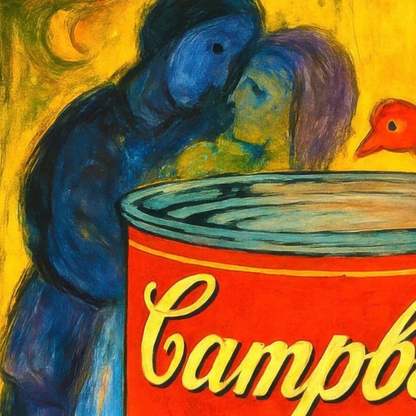 Artistic depiction of a can with 'Campbél' branding, featuring two blue figures and a bird. Closeup of the piece.