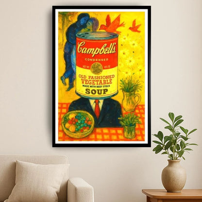 Framed artwork of a Campbell's Soup can with a person holding a bowl of vegetables, and an expressionist-style couple dancing behind, on a wall above a sofa.