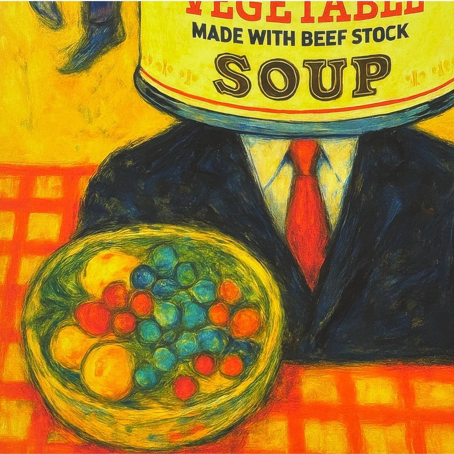 Closeup of the piece. Person holding a bowl of colorful fruit with a can of soup on their head, set against a checkered tablecloth.