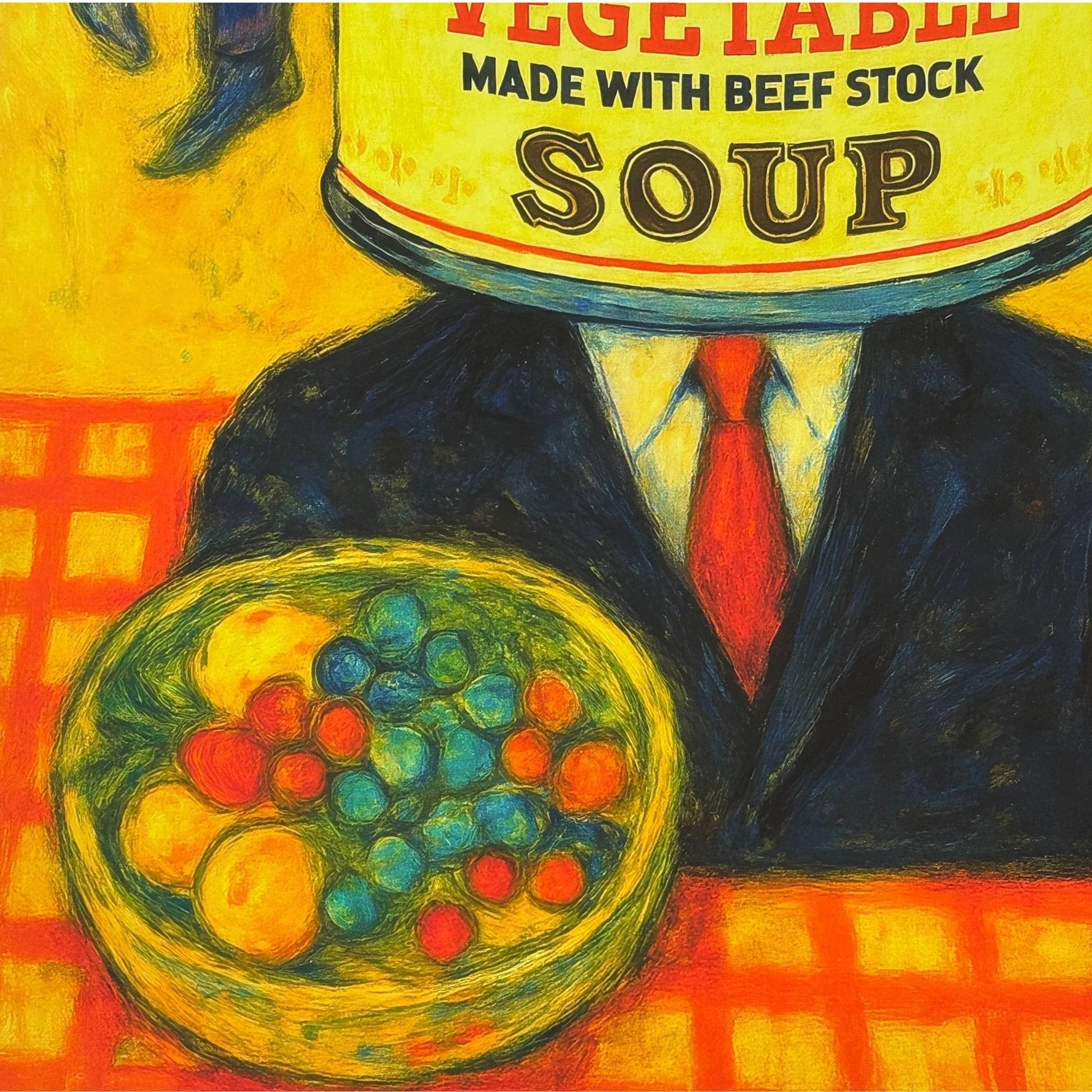 Closeup of the piece. Person holding a bowl of colorful fruit with a can of soup on their head, set against a checkered tablecloth.