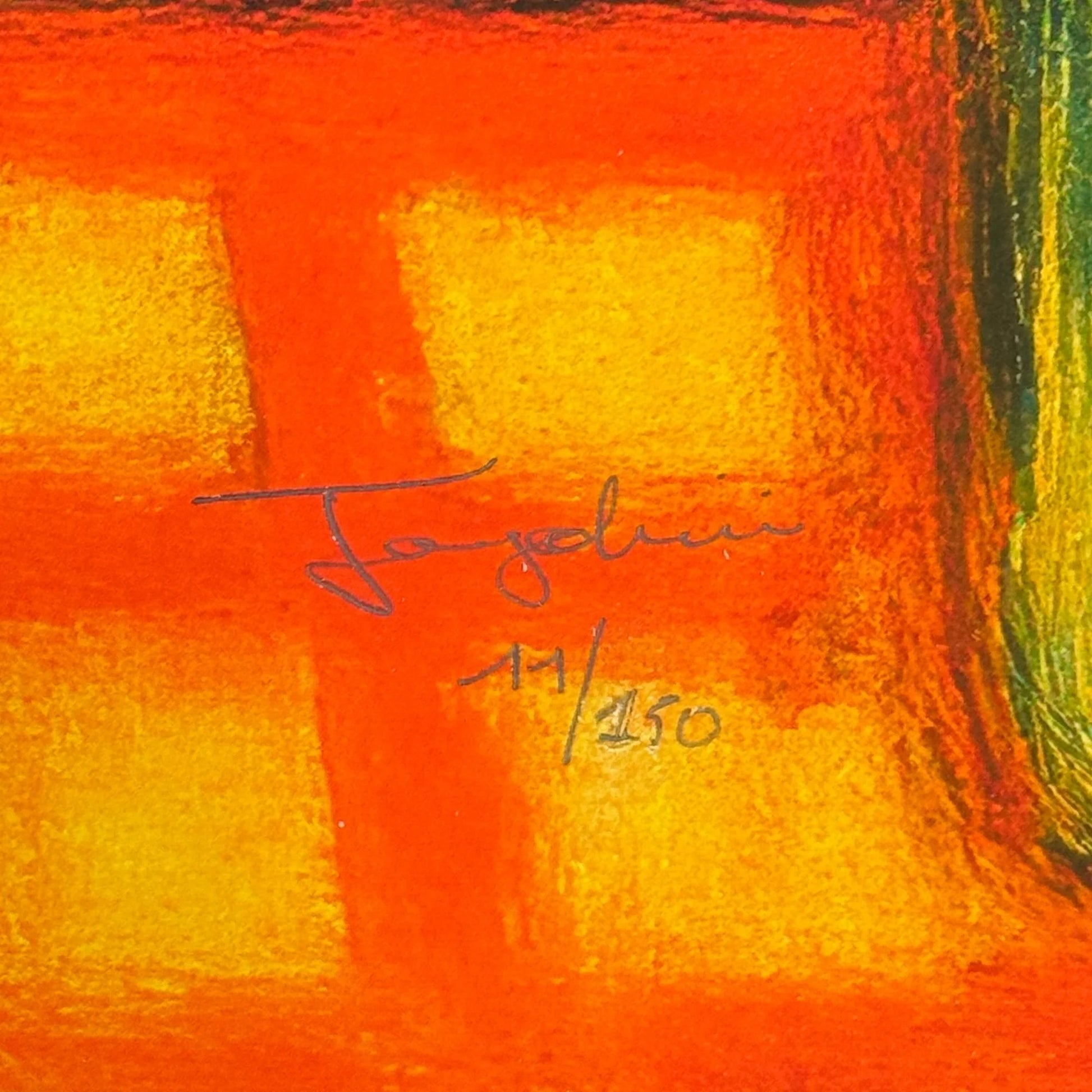 Close-up of a colorful abstract painting with a signature and edition number.