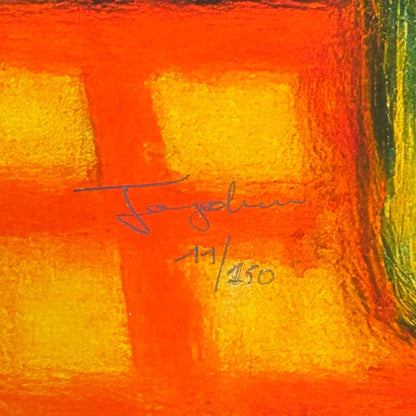 Close-up of a colorful abstract painting with a signature and edition number.