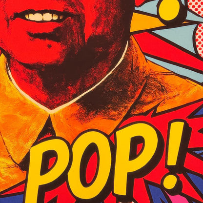 Closeup of artwork. Comic book-style illustration with a character and the word 'POP!' in bold letters.