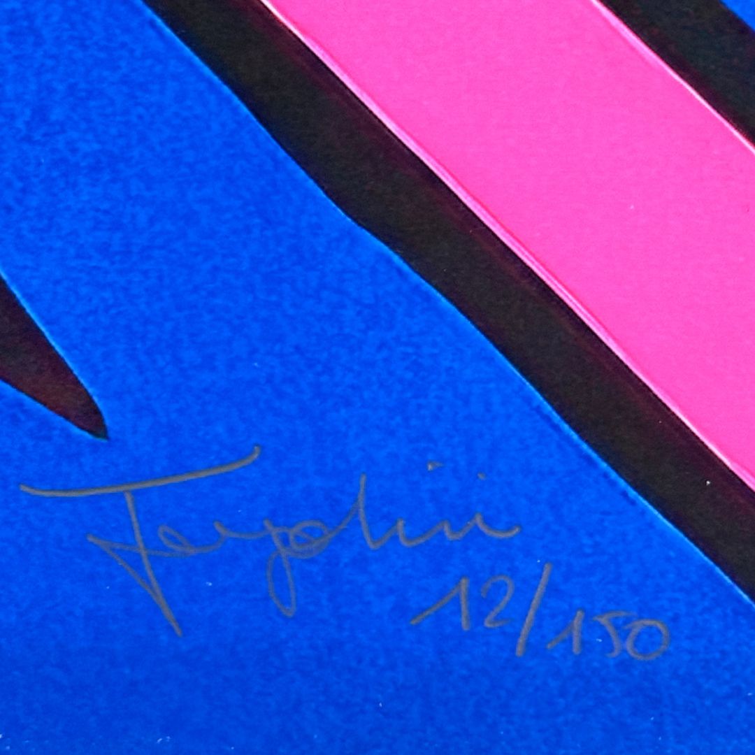 Close-up of a blue and pink artwork with 'Fenzolini' Signature and '12/150' numbered edition.