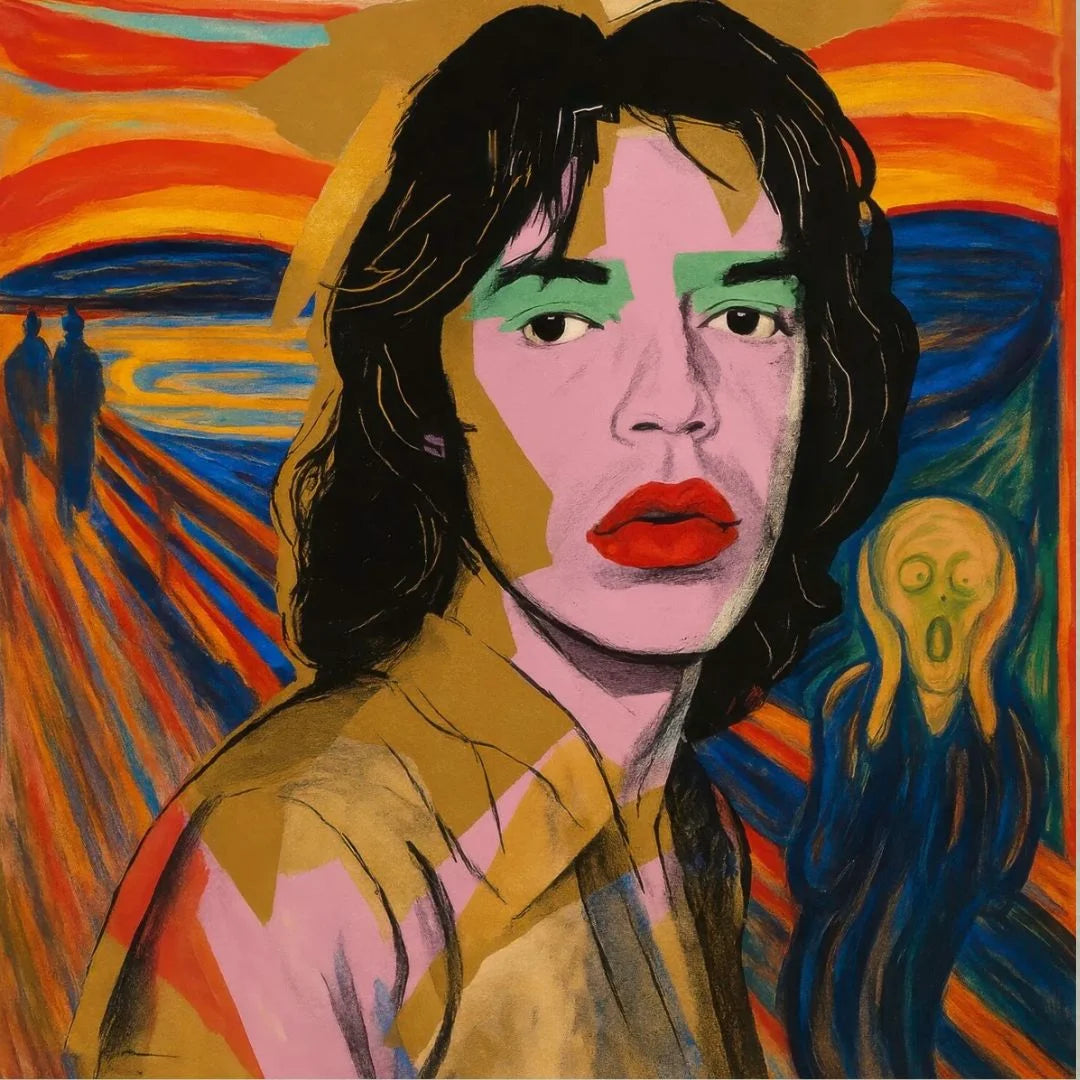 Fenzolini's Artistic reinterpretation of a "The Scream," an art composition created by Norwegian artist Edvard Munch in 1893, but with an Andy Warhol Mick Jagger Pop Art figure centered in the middle and the scream figure behind.