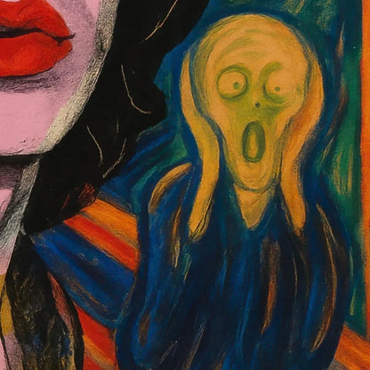 Closeup of artwork. Artistic depiction of a figure with a distressed expression, inspired by famous artwork.