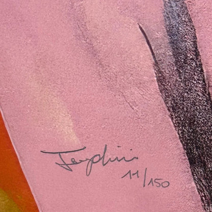 Artists signature on a textured pink surface with abstract elements with a numbered edition.
