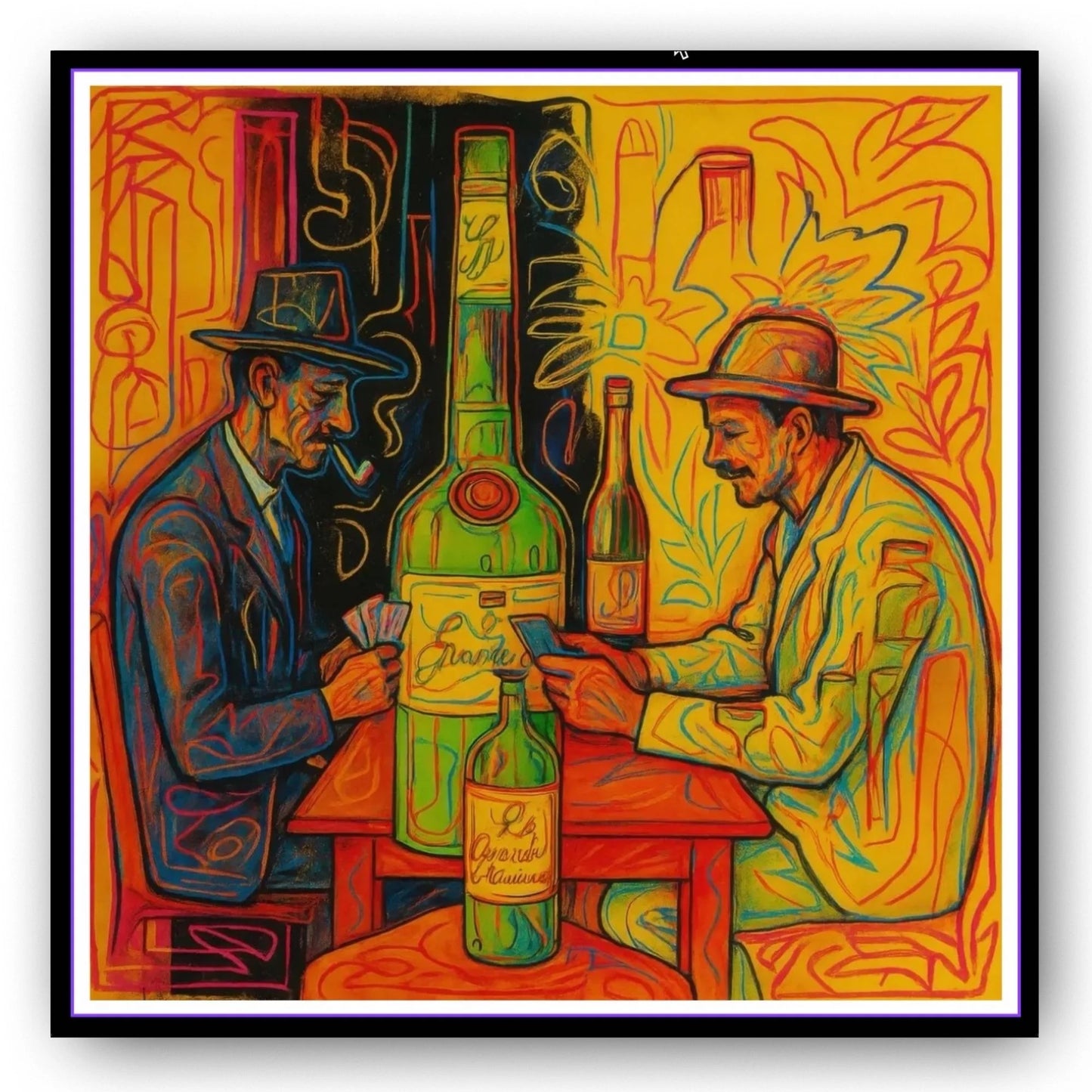 Colorful artwork of two men playing cards with bottles in a stylized setting
