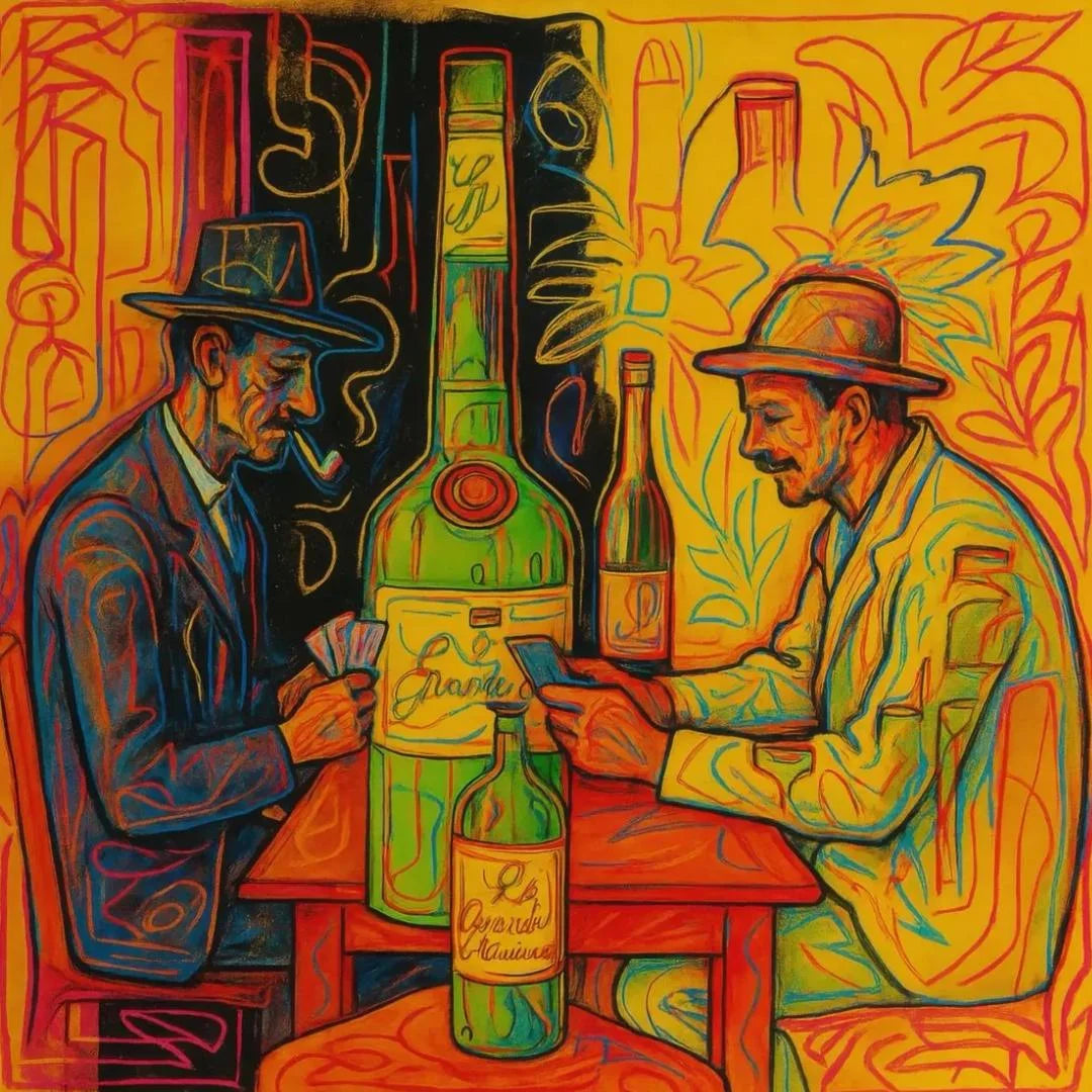 Colorful artwork of two men playing cards with bottles and a smoking man in the background.