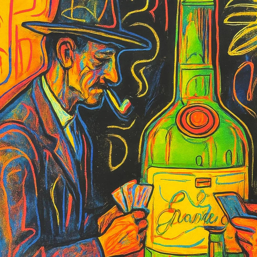 Close-up of the artwork. Colorful artwork of a man with a hat and a bottle, a painting or illustration.