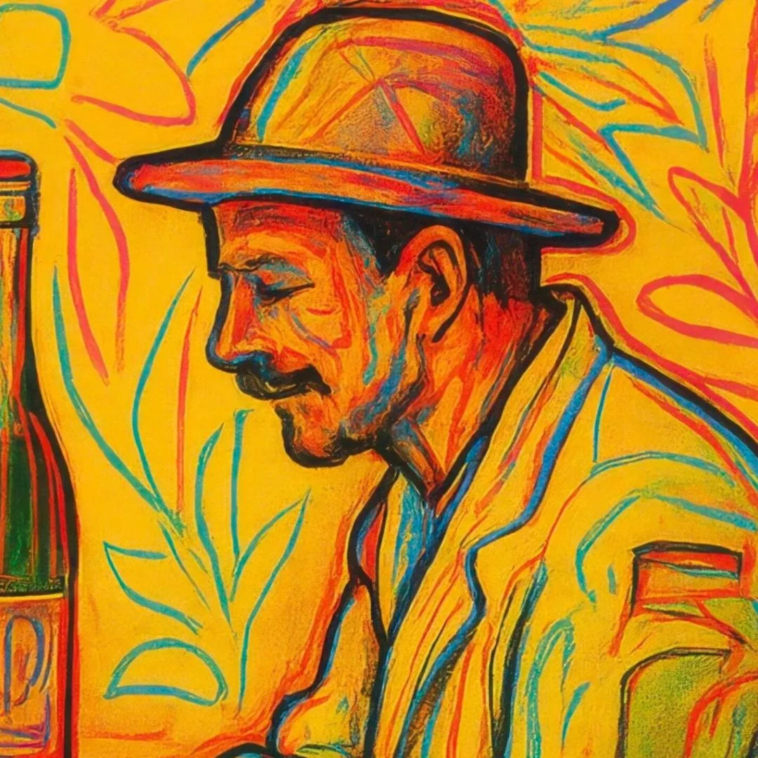Another close-up. Colorful stylized portrait of a man with a hat and jacket, on a yellow background.