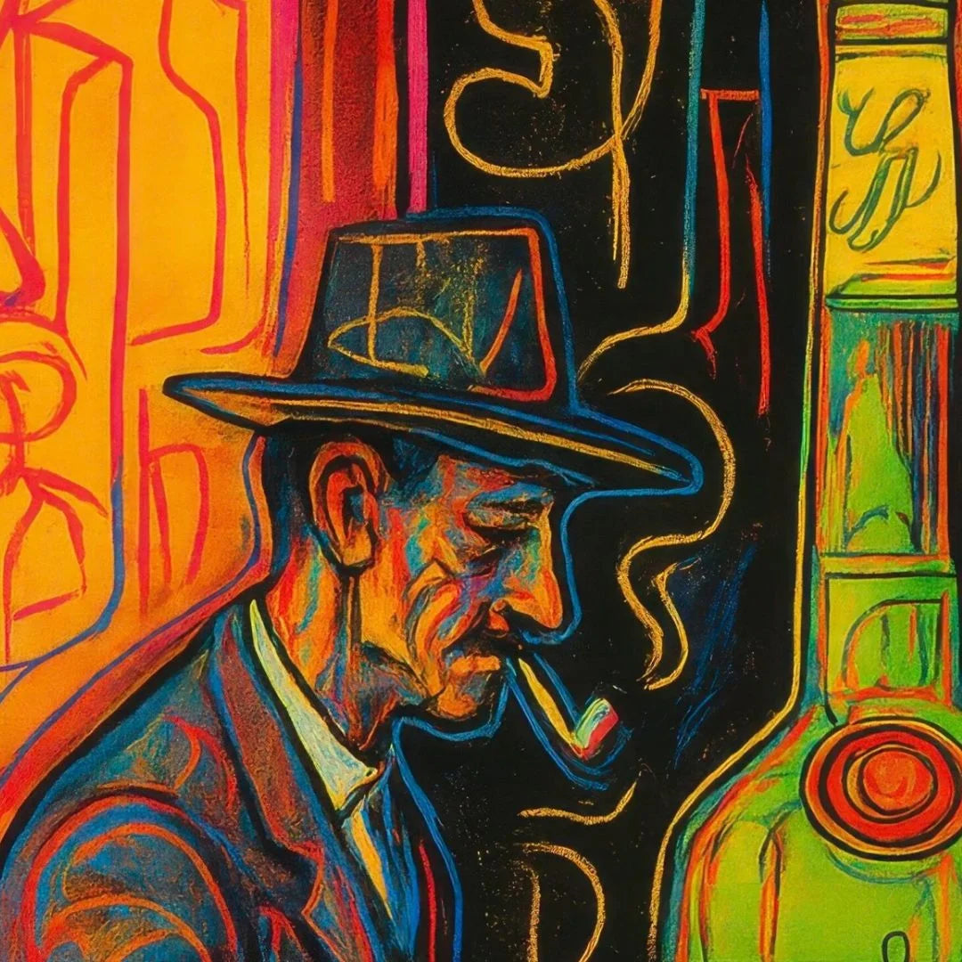 Another closeup. Colorful abstract painting of a man with a hat and pipe, surrounded by vibrant shapes and lines.