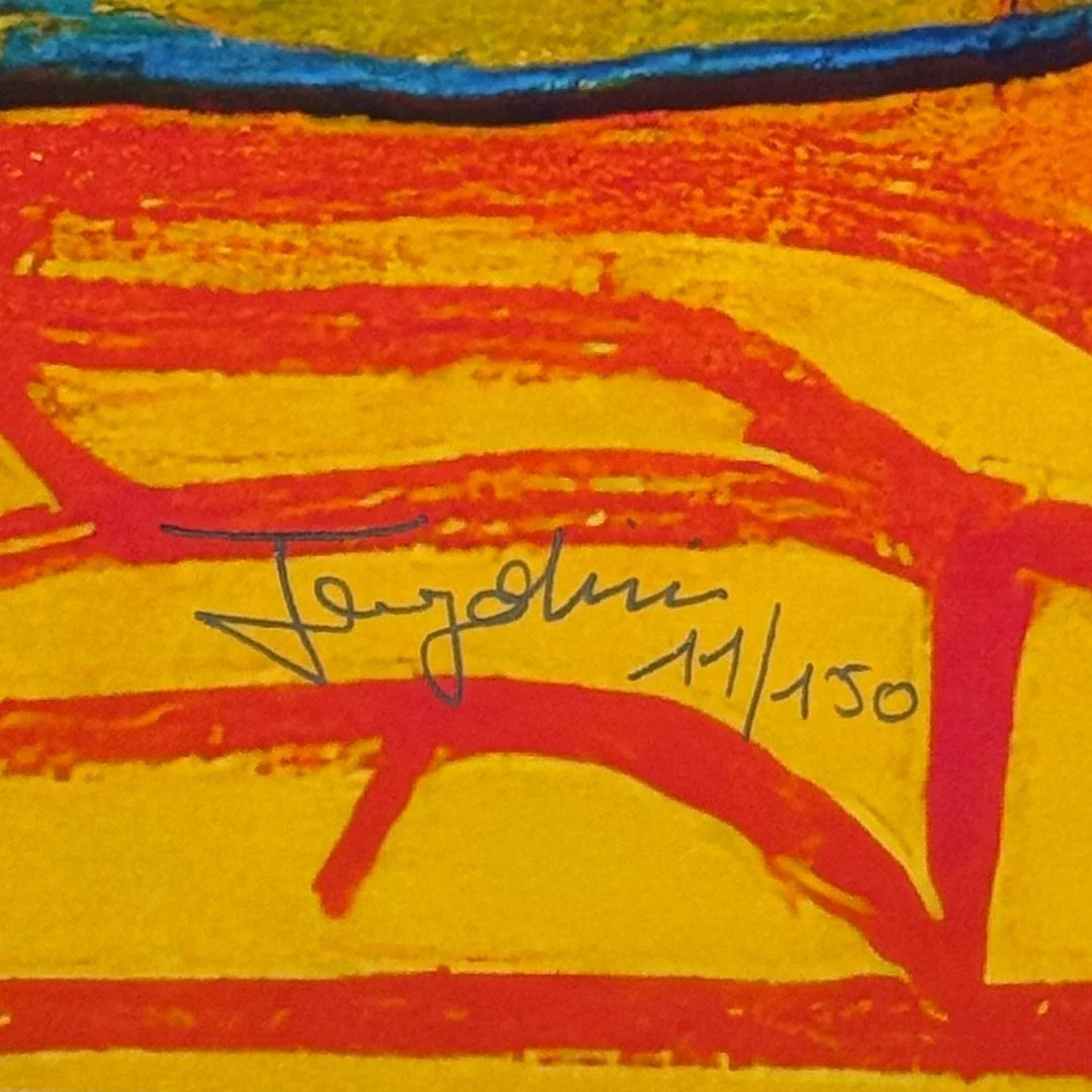 A closeup of the artists signature and number of the edition on this painting.