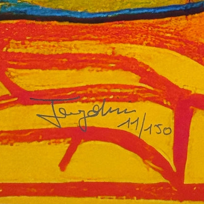 A closeup of the artists signature and number of the edition on this painting.