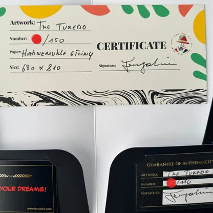 Certificate of authenticity for 'The Tuxedo' artwork with colorful border and text details.