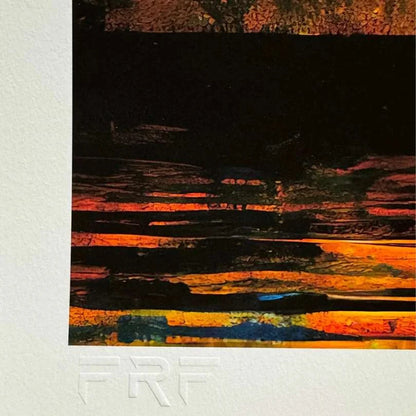 Abstract art with orange, black, and blue colors on a white background
