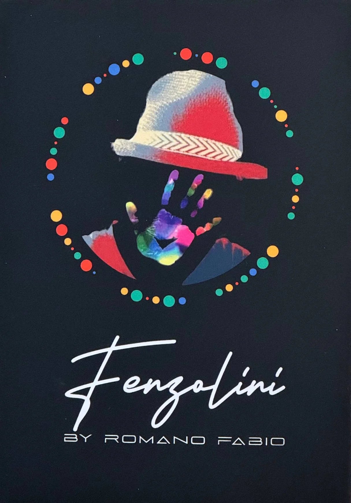 Colorful design with a hat and handprint on a dark background, featuring the brand 'Fenzolini' by Romano Fabio.