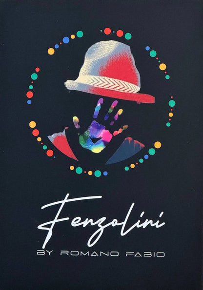 Colorful design with a hat and handprint on a dark background, featuring the brand 'Fenzolini' by Romano Fabio.
